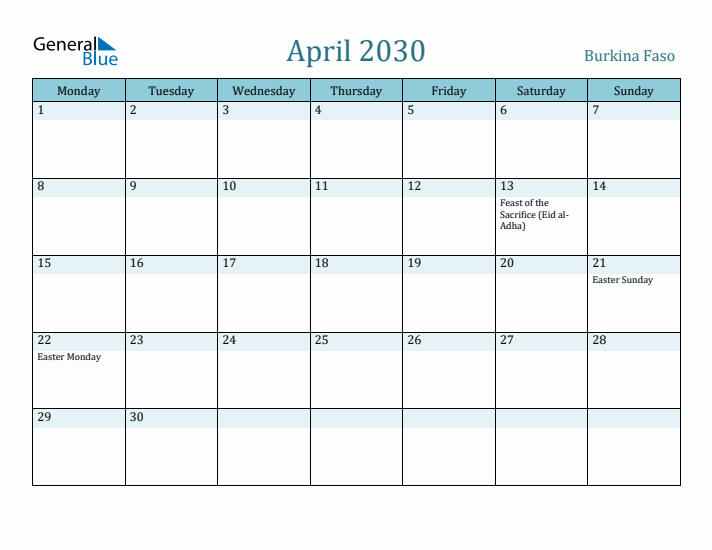 April 2030 Calendar with Holidays