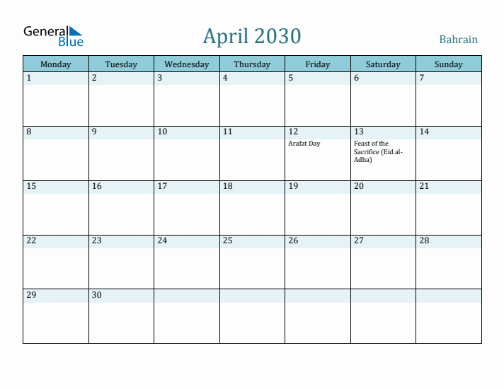 April 2030 Calendar with Holidays