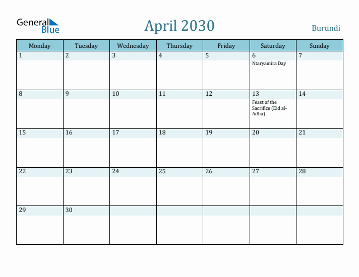 April 2030 Calendar with Holidays