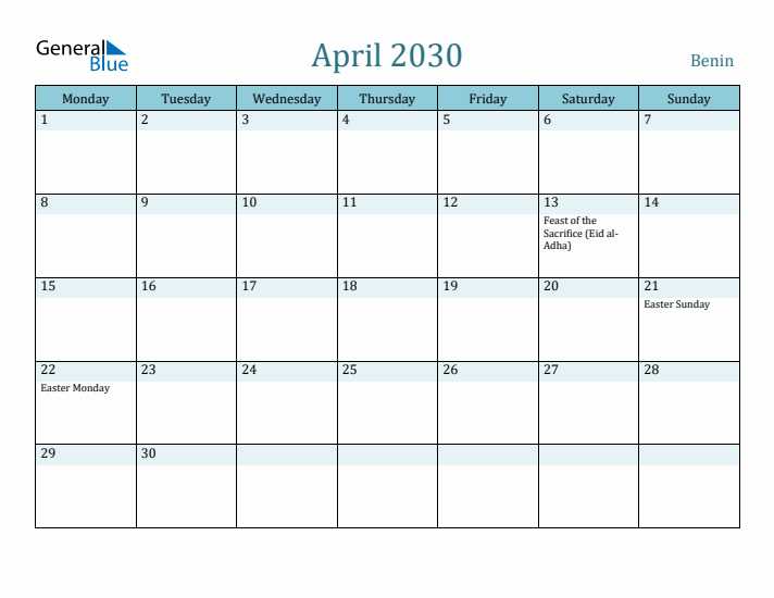 April 2030 Calendar with Holidays