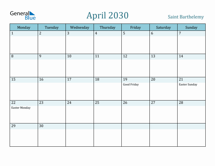 April 2030 Calendar with Holidays