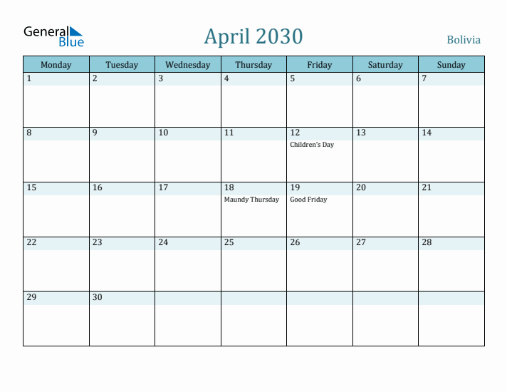 April 2030 Calendar with Holidays