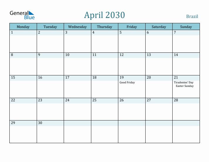 April 2030 Calendar with Holidays