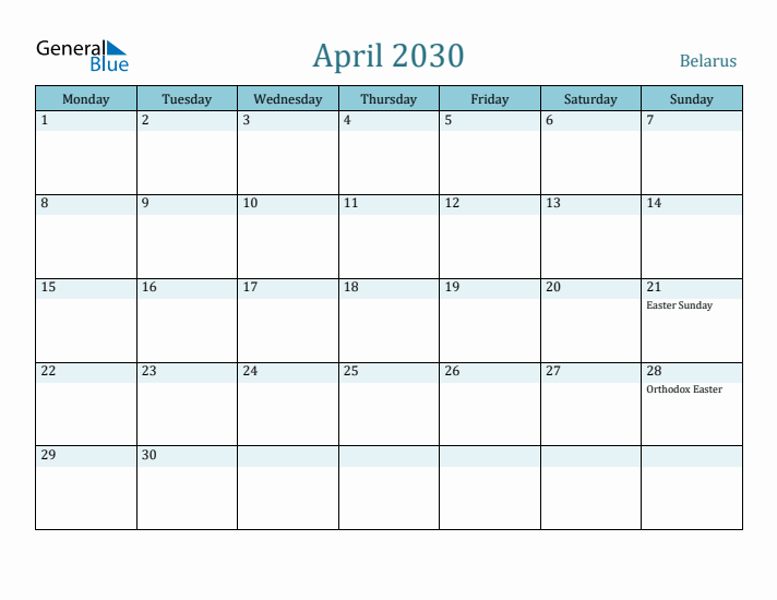 April 2030 Calendar with Holidays