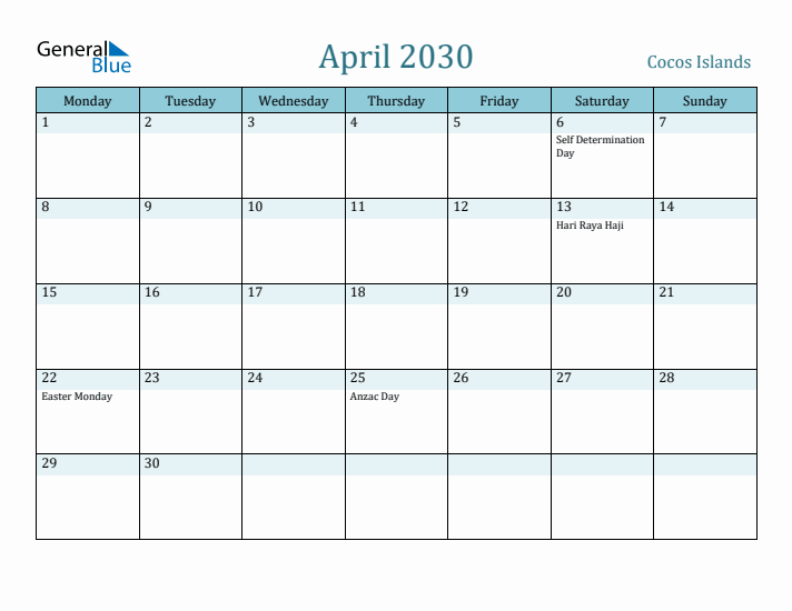 April 2030 Calendar with Holidays