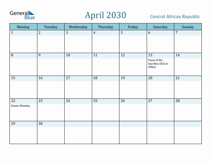 April 2030 Calendar with Holidays