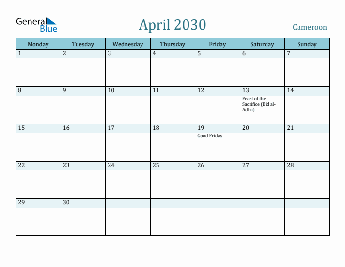 April 2030 Calendar with Holidays