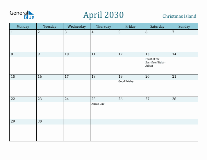 April 2030 Calendar with Holidays