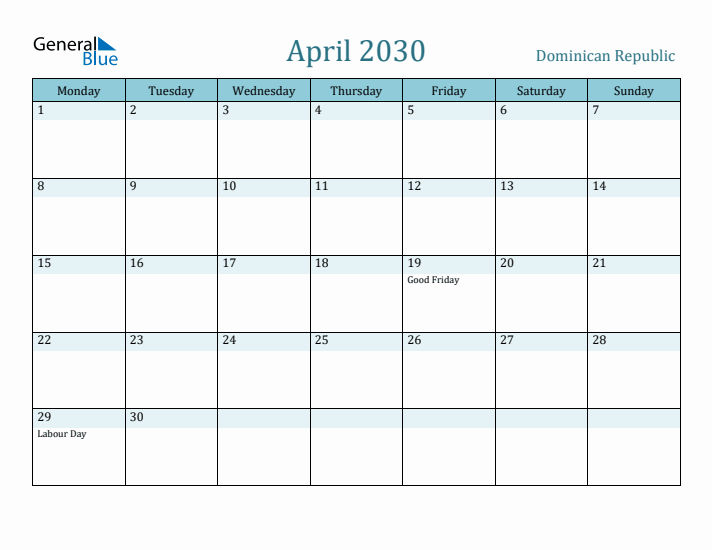 April 2030 Calendar with Holidays