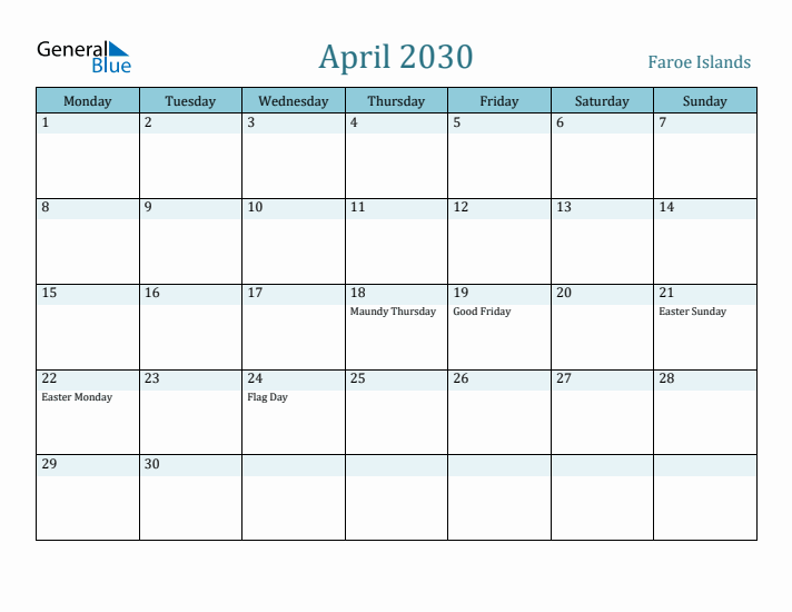 April 2030 Calendar with Holidays