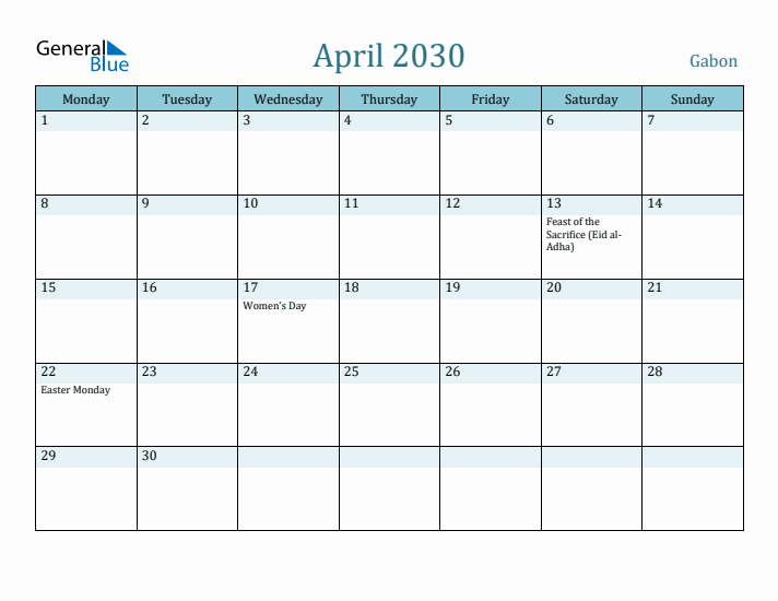 April 2030 Calendar with Holidays