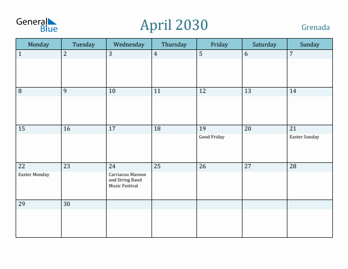 April 2030 Calendar with Holidays