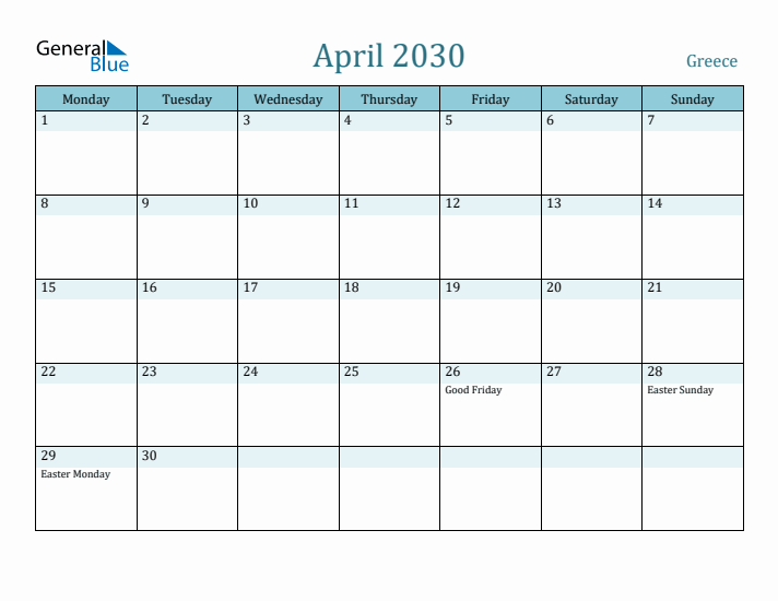 April 2030 Calendar with Holidays