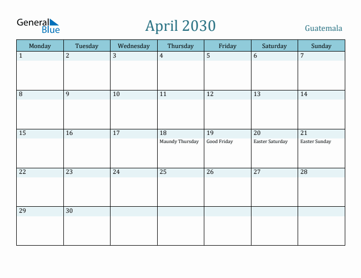 April 2030 Calendar with Holidays