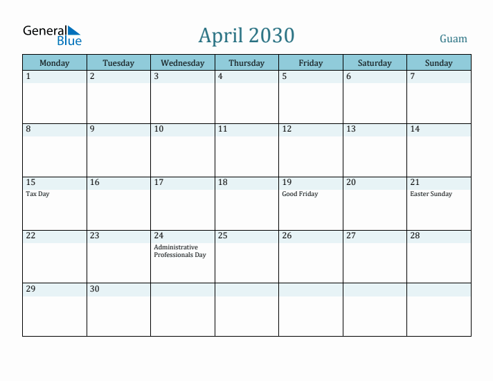 April 2030 Calendar with Holidays