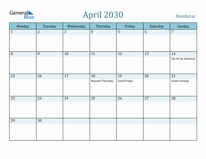 April 2030 Calendar with Holidays