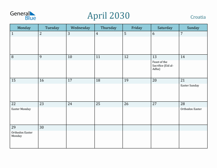 April 2030 Calendar with Holidays