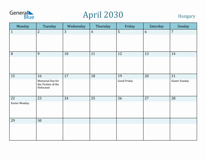 April 2030 Calendar with Holidays