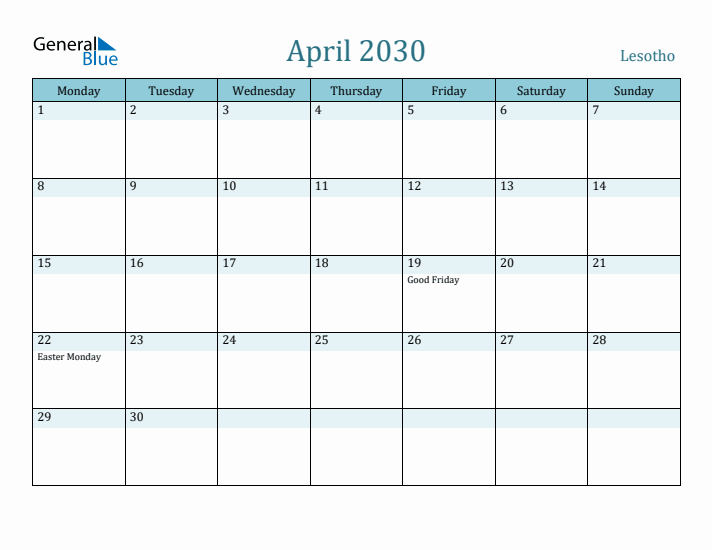 April 2030 Calendar with Holidays