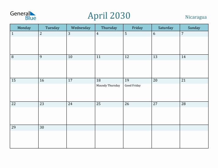 April 2030 Calendar with Holidays