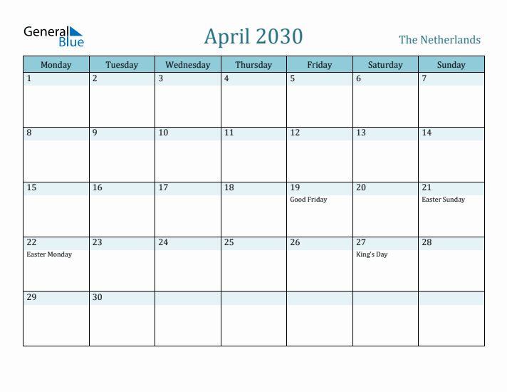 April 2030 Calendar with Holidays