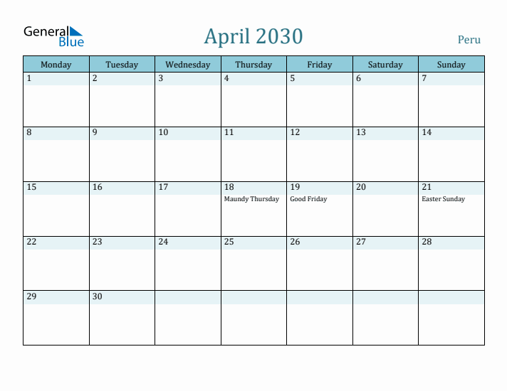 April 2030 Calendar with Holidays