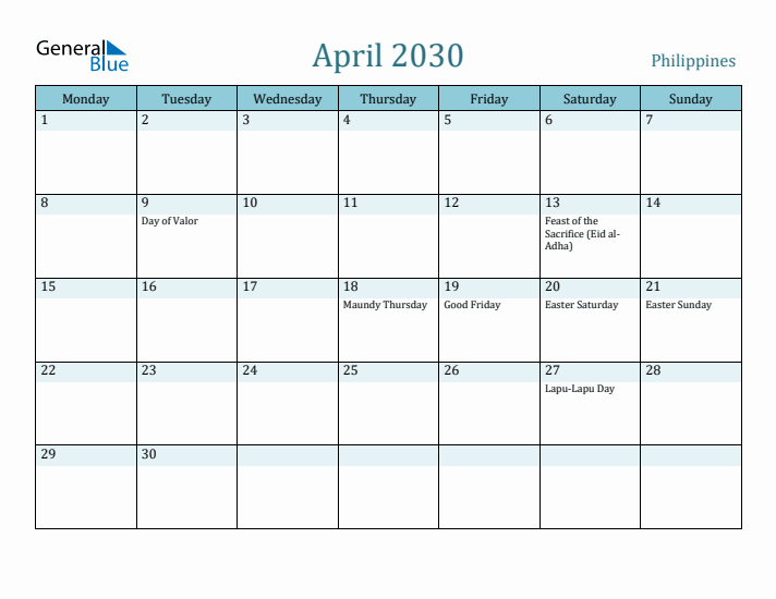 April 2030 Calendar with Holidays