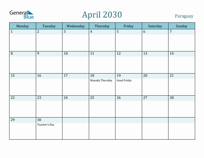 April 2030 Calendar with Holidays