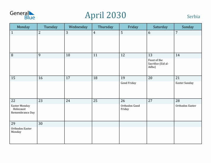 April 2030 Calendar with Holidays