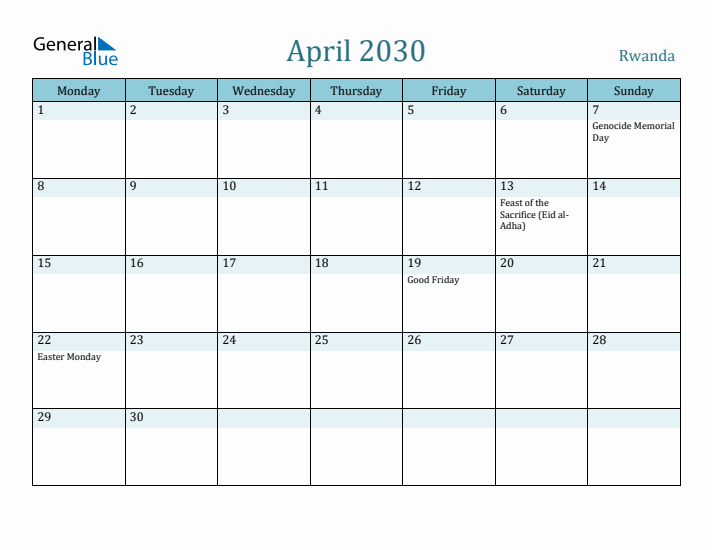 April 2030 Calendar with Holidays