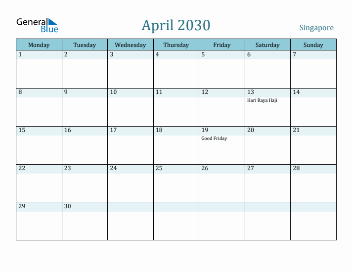 April 2030 Calendar with Holidays