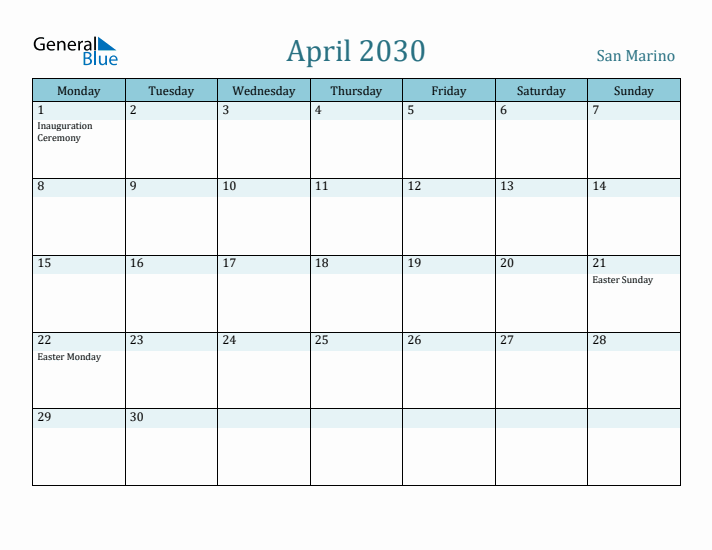 April 2030 Calendar with Holidays