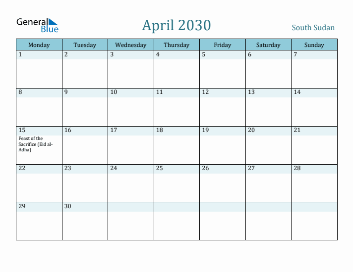 April 2030 Calendar with Holidays