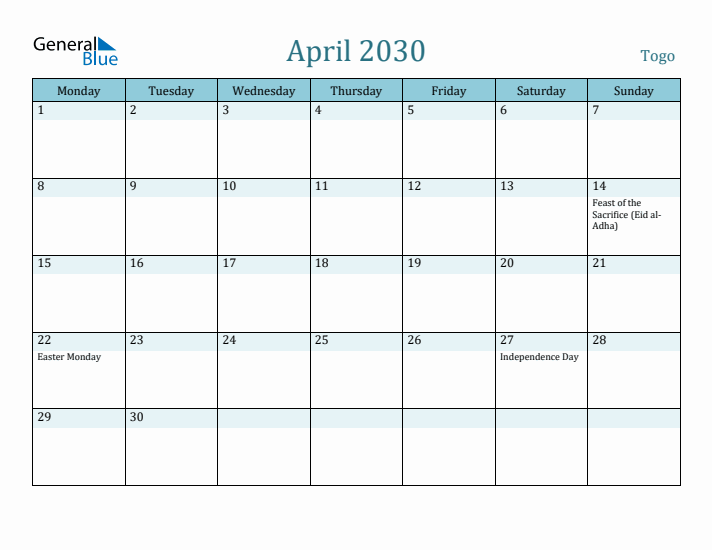 April 2030 Calendar with Holidays