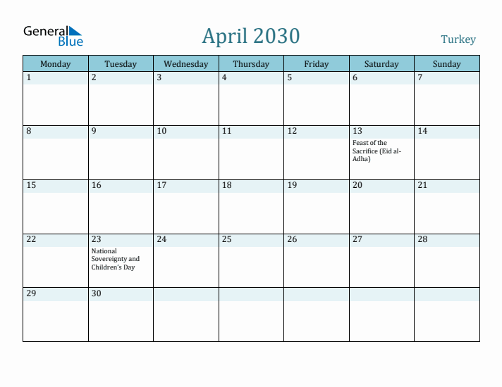 April 2030 Calendar with Holidays