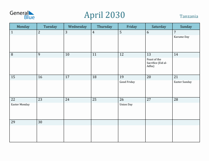 April 2030 Calendar with Holidays