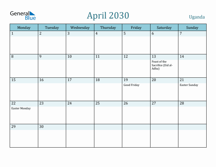 April 2030 Calendar with Holidays