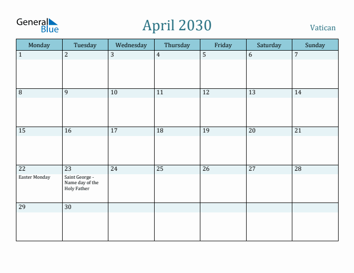 April 2030 Calendar with Holidays