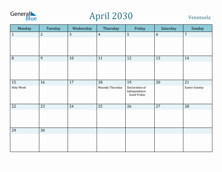 April 2030 Calendar with Holidays