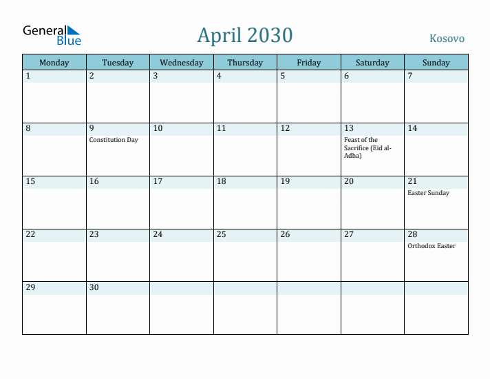 April 2030 Calendar with Holidays