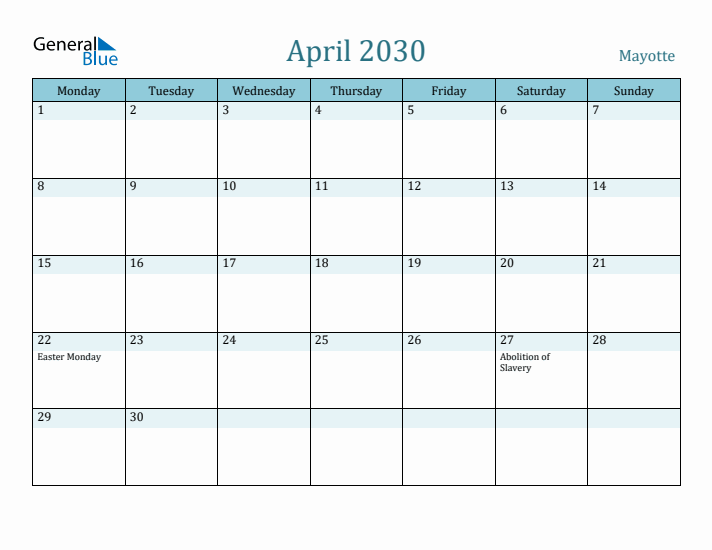 April 2030 Calendar with Holidays