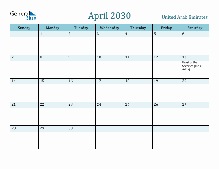 April 2030 Calendar with Holidays