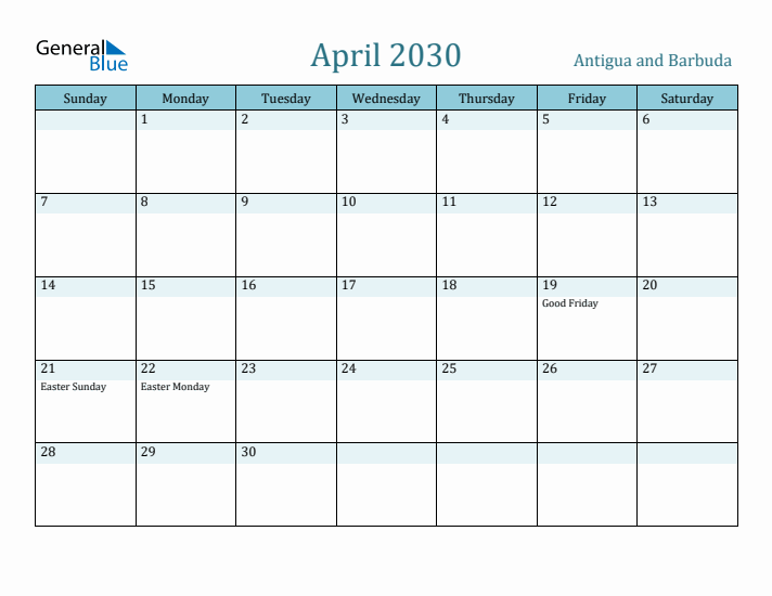 April 2030 Calendar with Holidays