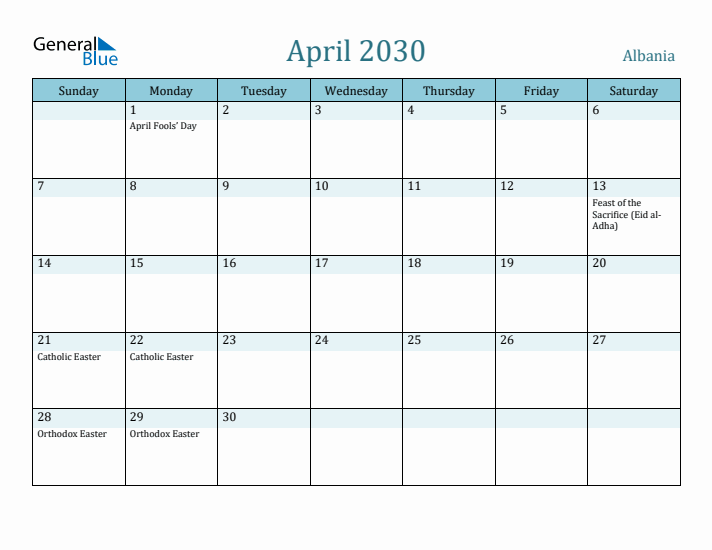 April 2030 Calendar with Holidays