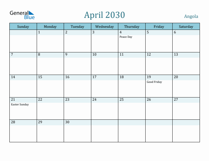 April 2030 Calendar with Holidays