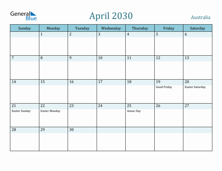 April 2030 Calendar with Holidays