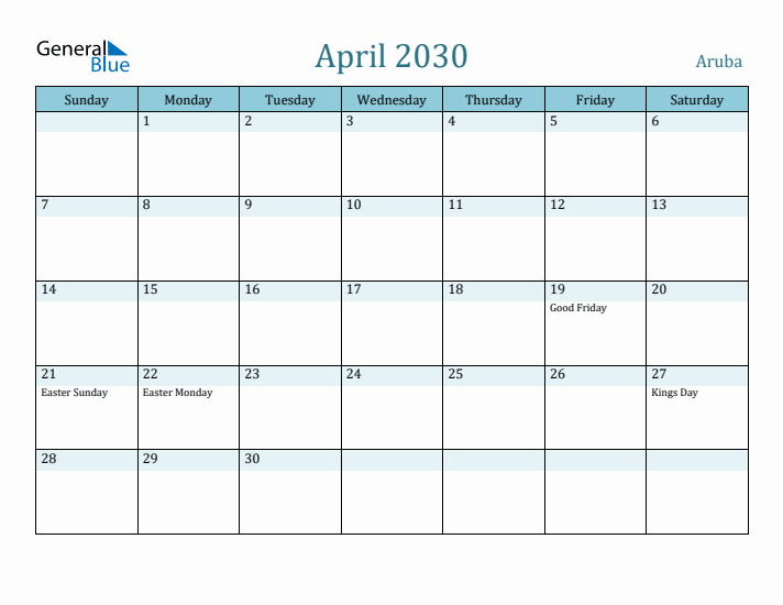 April 2030 Calendar with Holidays