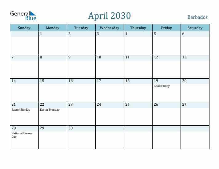 April 2030 Calendar with Holidays