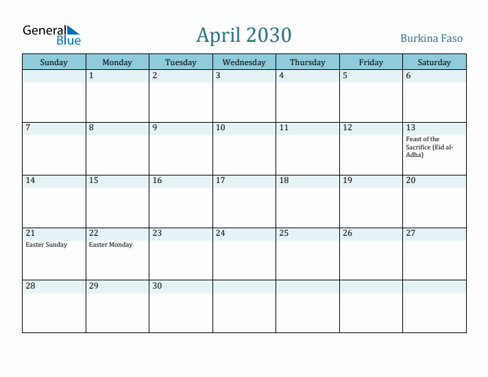 April 2030 Calendar with Holidays