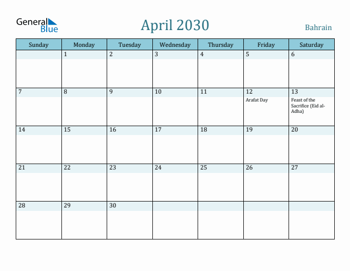 April 2030 Calendar with Holidays